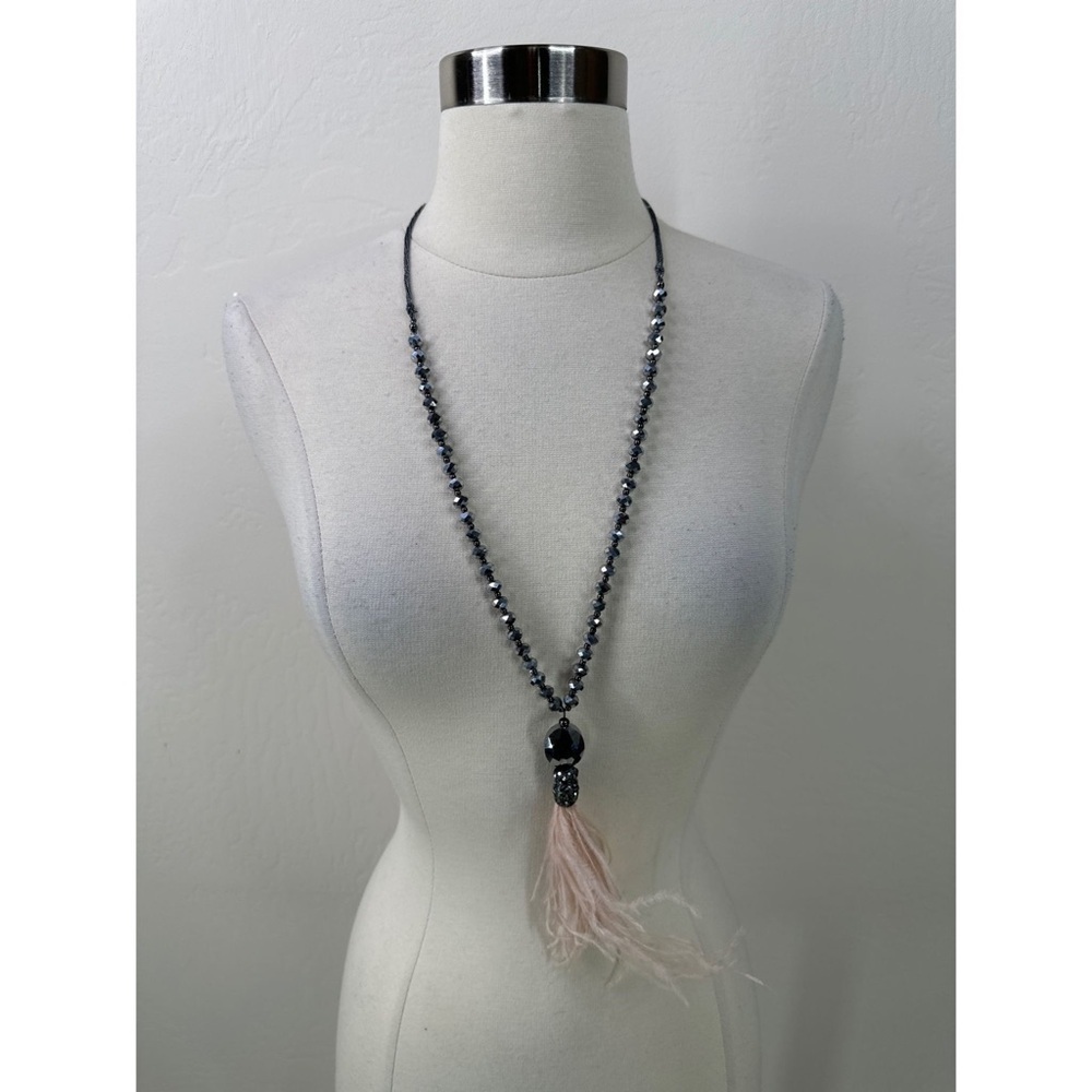 Chicos Feather Beaded Tassel Pendant Necklace